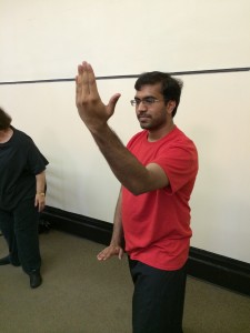 Vivek, one of our newer Tai Chi students smiles contentedly as he performs "Parting the Horses Mane". He mostly enjoys the relaxing and fit workout after a long day at work.